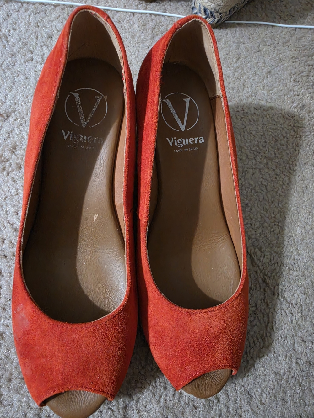 Red Suede Peep-Toe Wedges